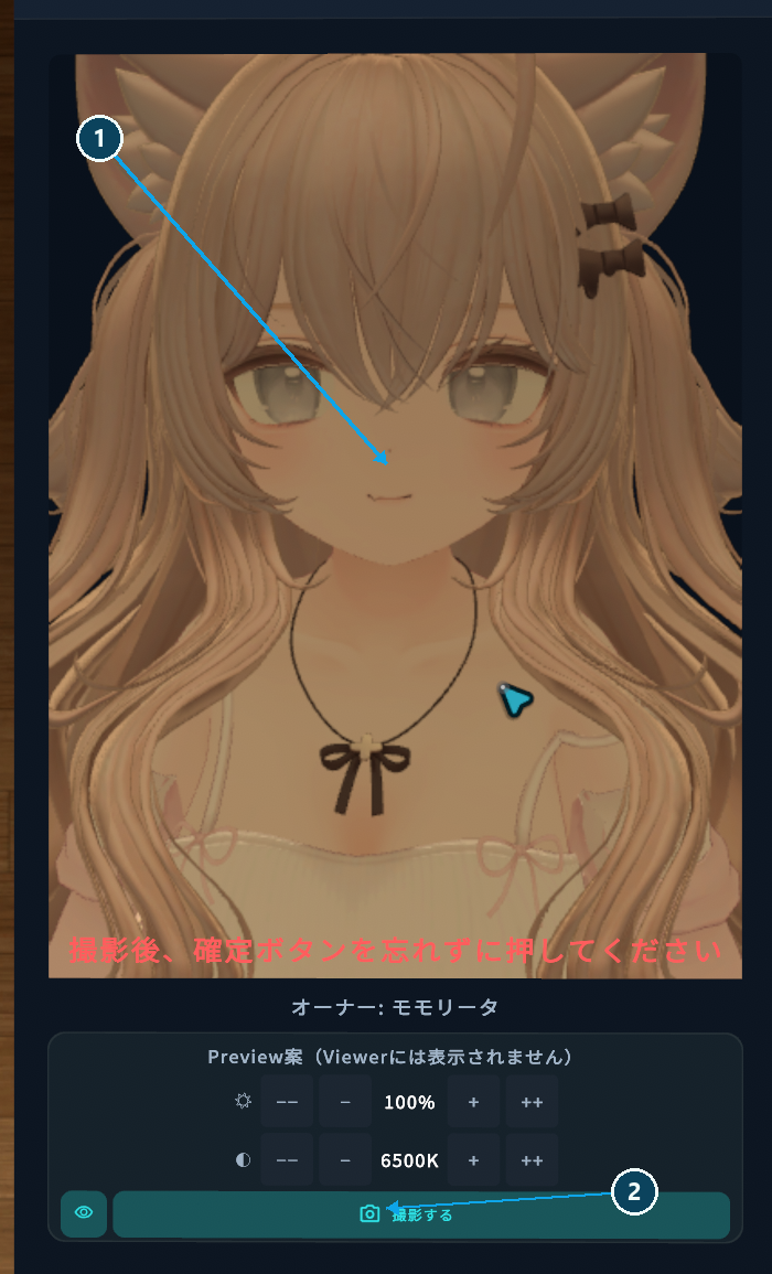 ①写真プレビューと②撮影するボタン